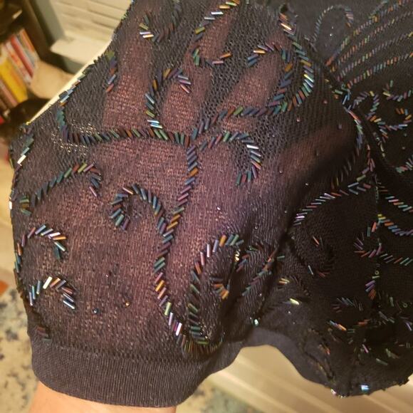 Navy Blue Loose Knit Beaded Embellished Semi- Sheer Short Sleeve Blouse - Picture 8 of 9